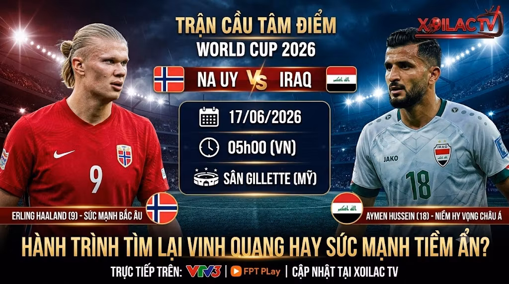 Nhận định soi kèo trận đấu Na Uy vs Iraq vòng bảng World Cup 2026. Trận cầu tâm điểm giữa Erling Haaland và Aymen Hussein cập nhật liên tục tại Xoilac TV.