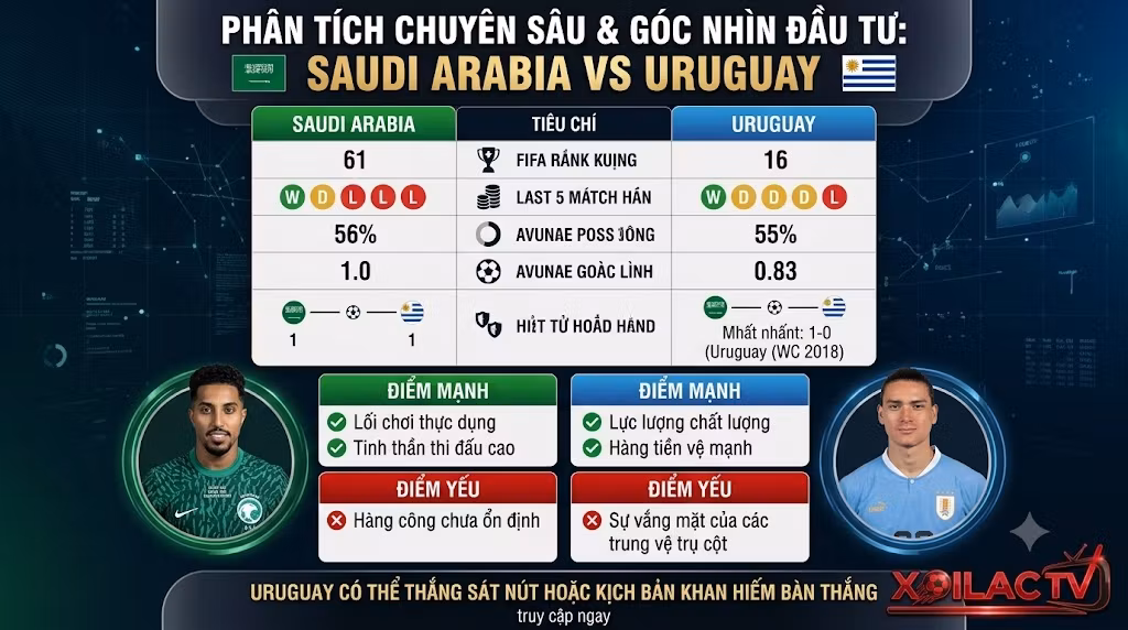 Bảng phân tích chuyên sâu và so sánh sức mạnh, phong độ, lịch sử đối đầu giữa Saudi Arabia vs Uruguay. Góc nhìn đầu tư soi kèo chuẩn xác từ chuyên gia Xoilac TV.